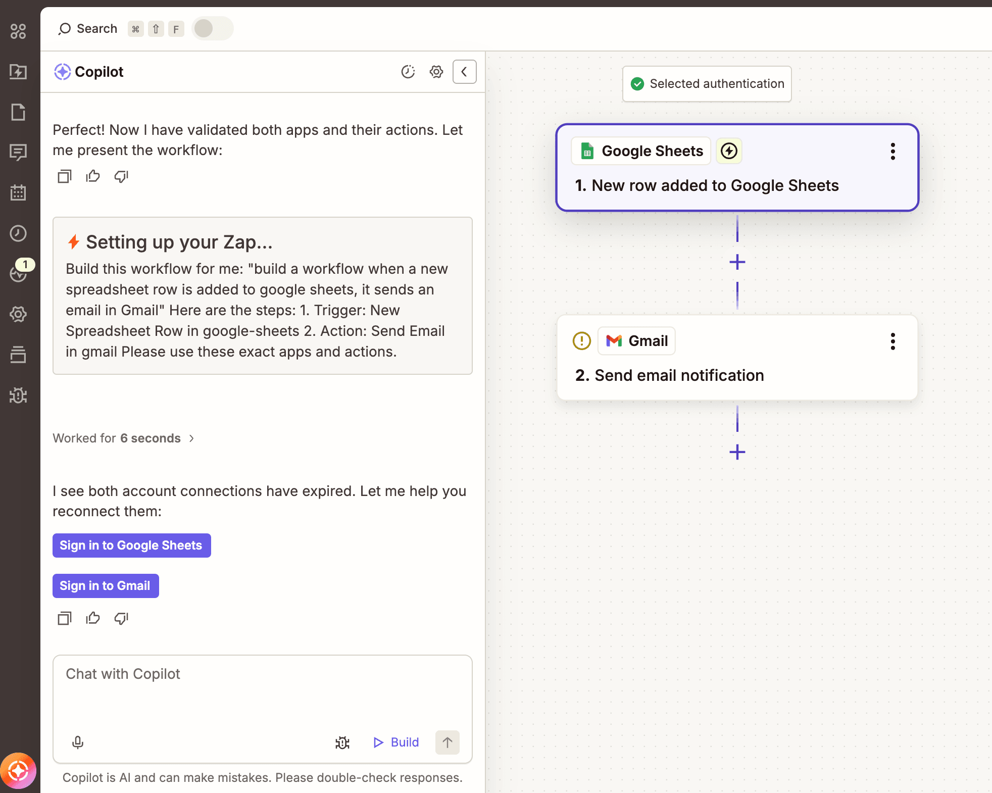 A two-step Zap in the Zap editor with a Copilot window open on the left-hand side helping the user set up their workflow.