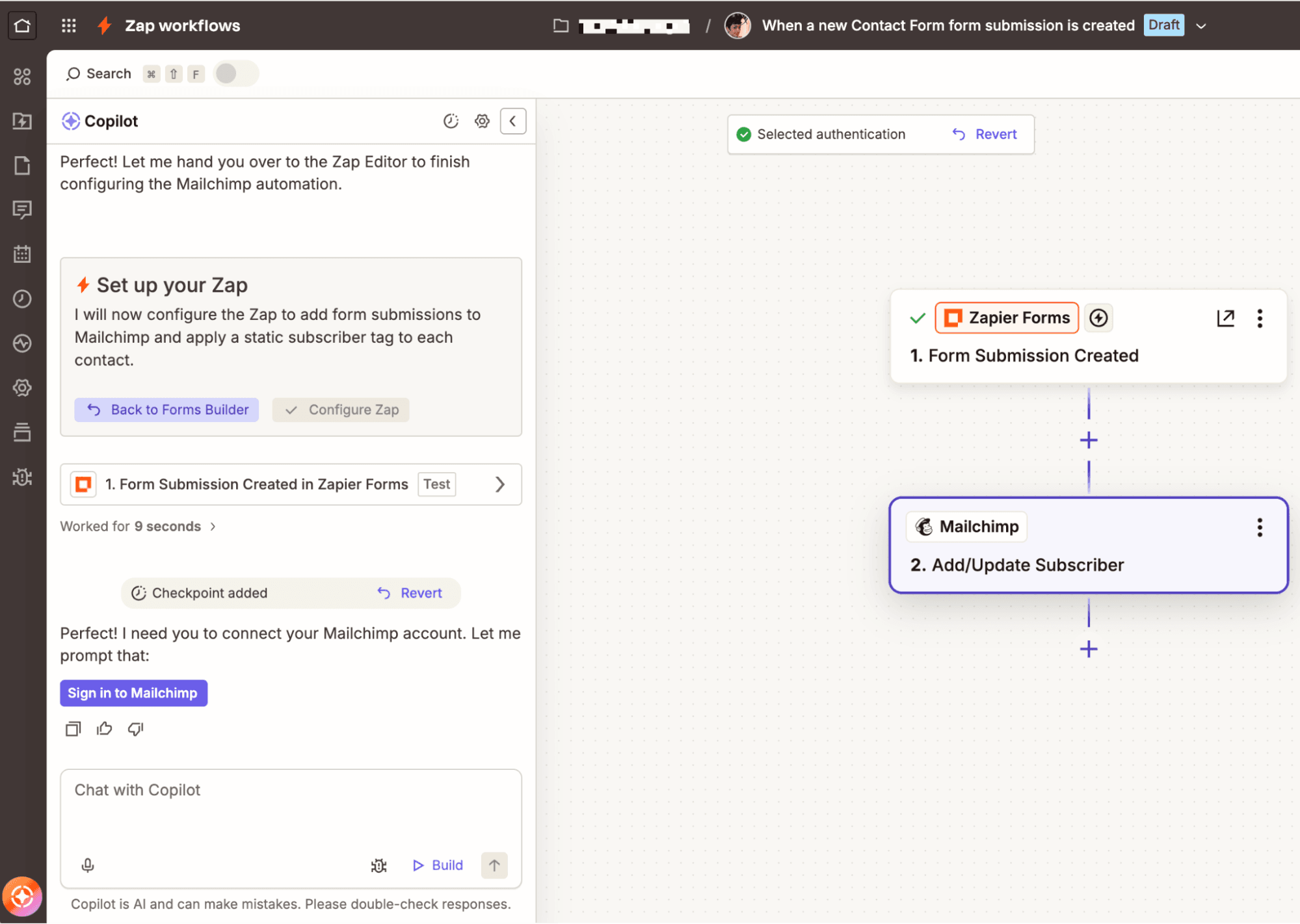 A Zap in the Zapier editor with a Zapier Copilot window open on the left-hand side assisting the user with building their workflow.