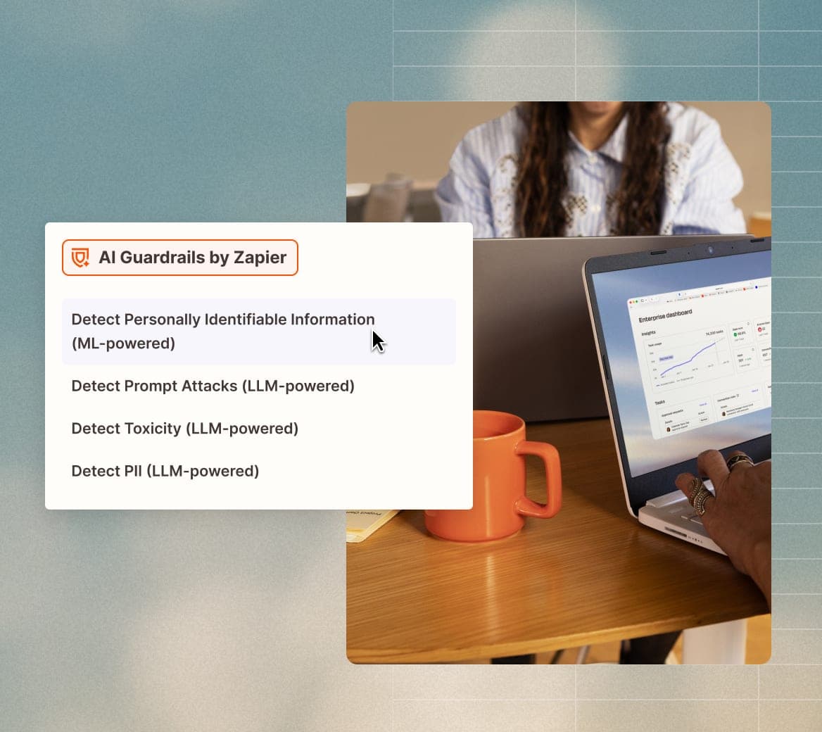 Zapier AI Guardrails configuration showing inline safety checks for AI outputs